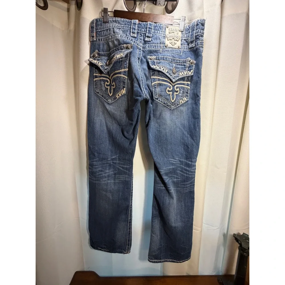 Rock Revival Mens Bootcut Jeans Size 34 Flap Pocket Thick Stitch Blue Y2K